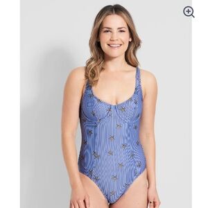 ModCloth Brandy underwire one piece swimsuit with blue pinstripes size M new